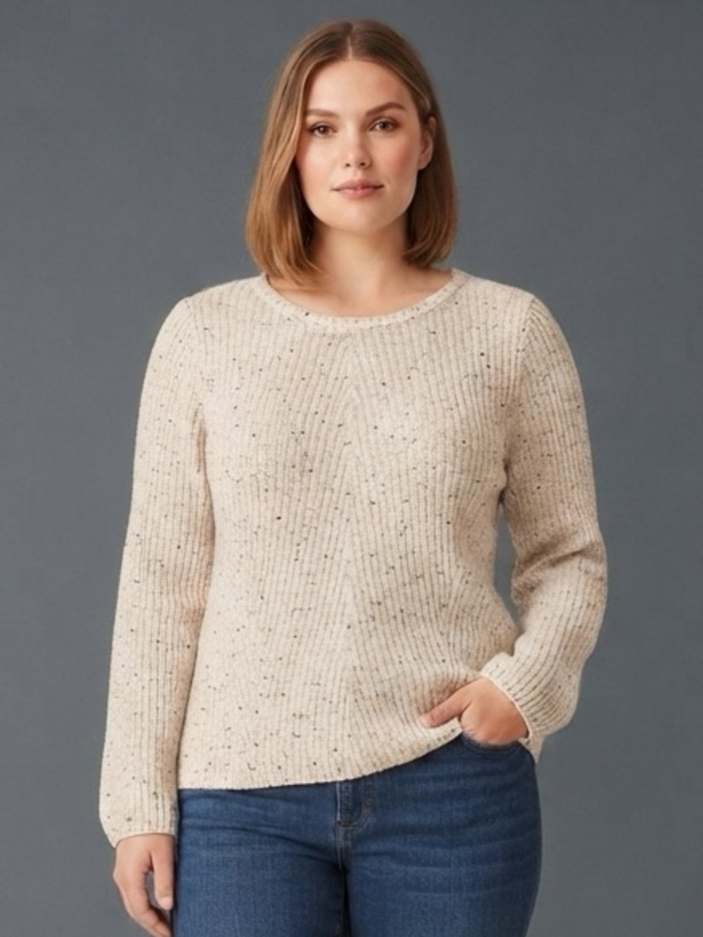 style and co. cable knit flattering sweater with black confetti speckles